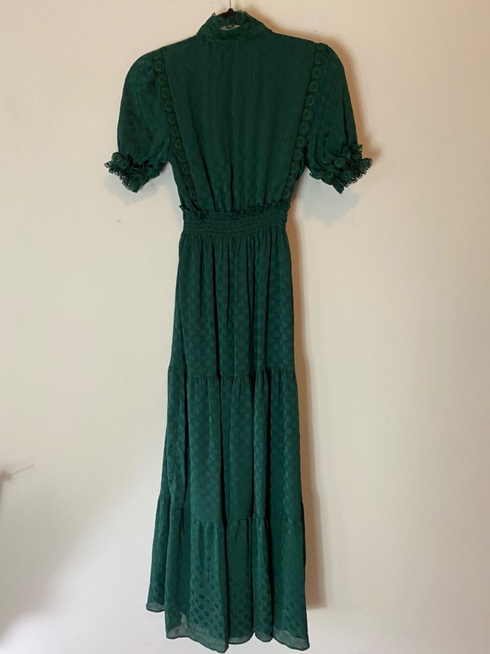 Max Studio Women’s Emerald Green Jacquard Dot Lace Trim Maxi Dress XS - Picture 4 of 12